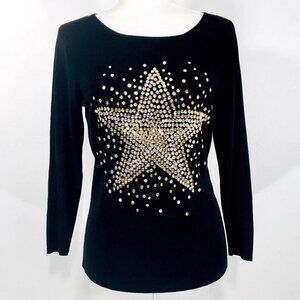 Lucia Burns Slinky Knit Top Sz M Gold/Iridescent Sequin Star Stretchy Holidays